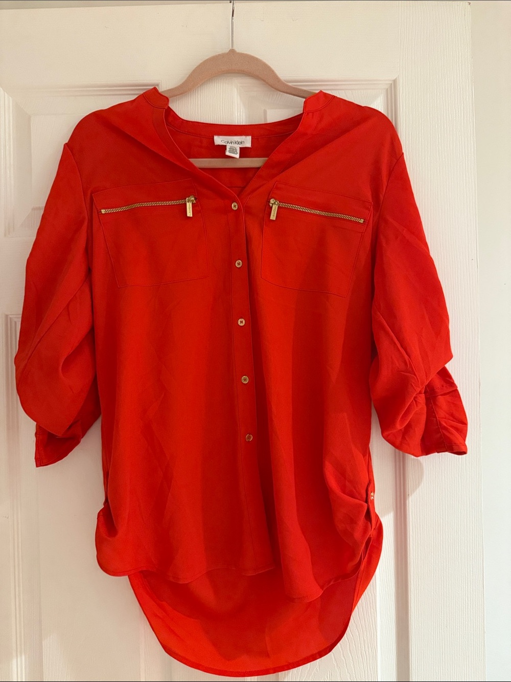 Calvin Klein Red 3/4 Sleeve Blouse with Mandarin Collar
